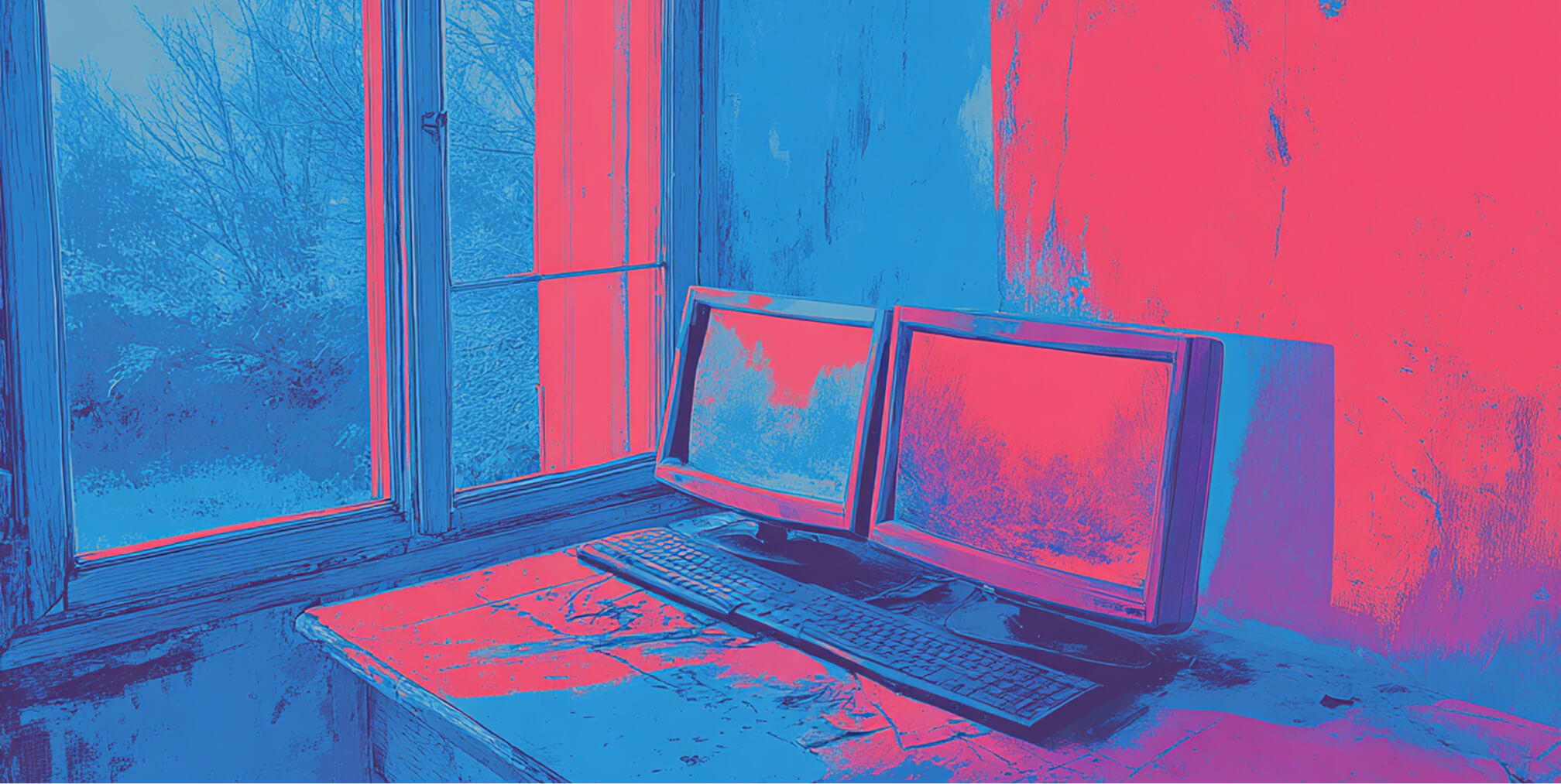 Two computer monitors on a worn desk near a window, symbolizing an offline workspace or temporary system halt.