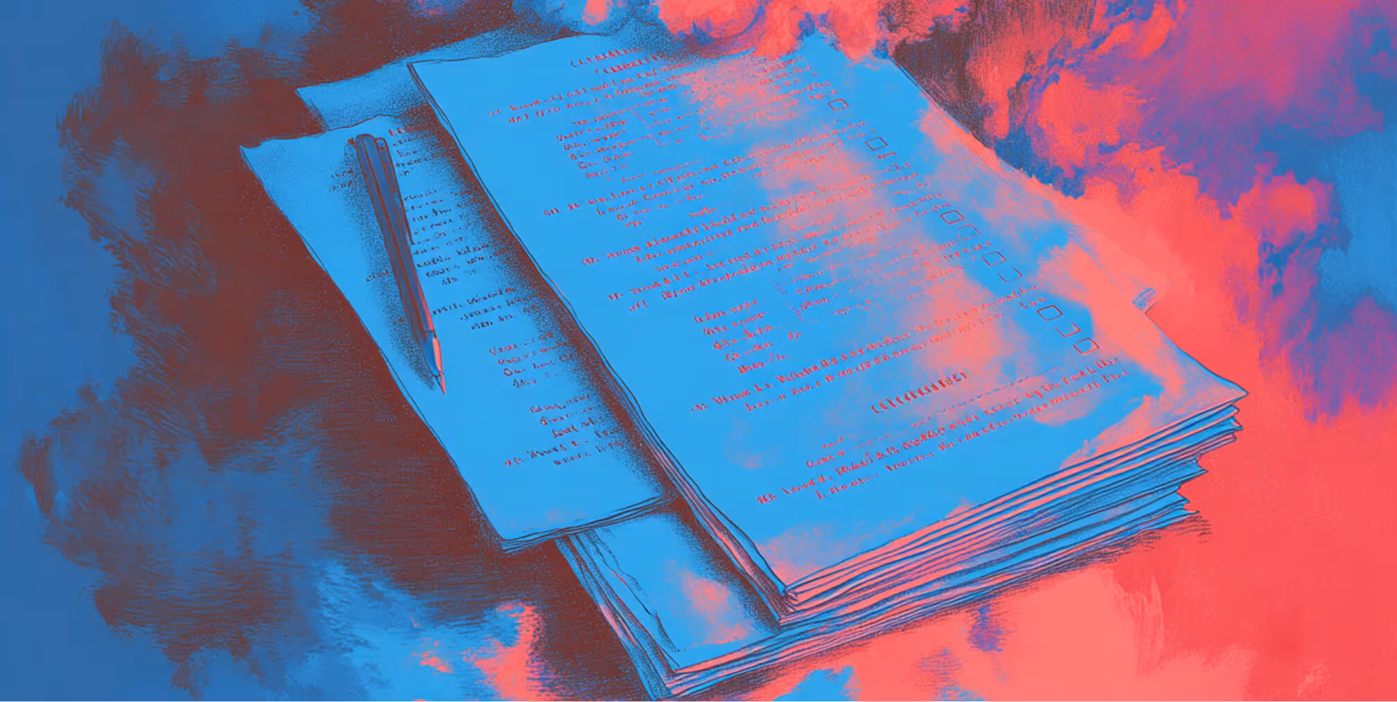 Stack of documents with a pen resting on top, surrounded by red and blue tones, symbolizing reporting, planning, and assessment during downtime.