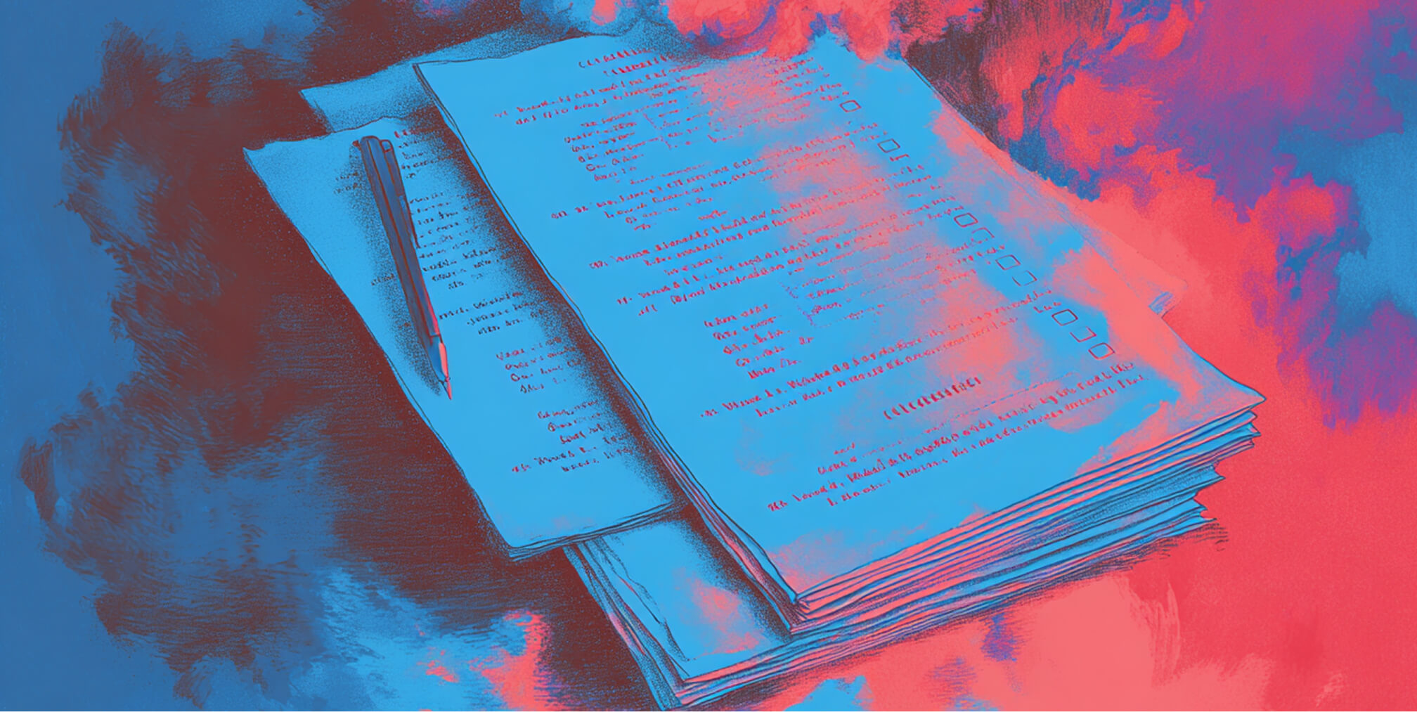 Stack of documents with a pen resting on top, surrounded by red and blue tones, symbolizing reporting, planning, and assessment during downtime.