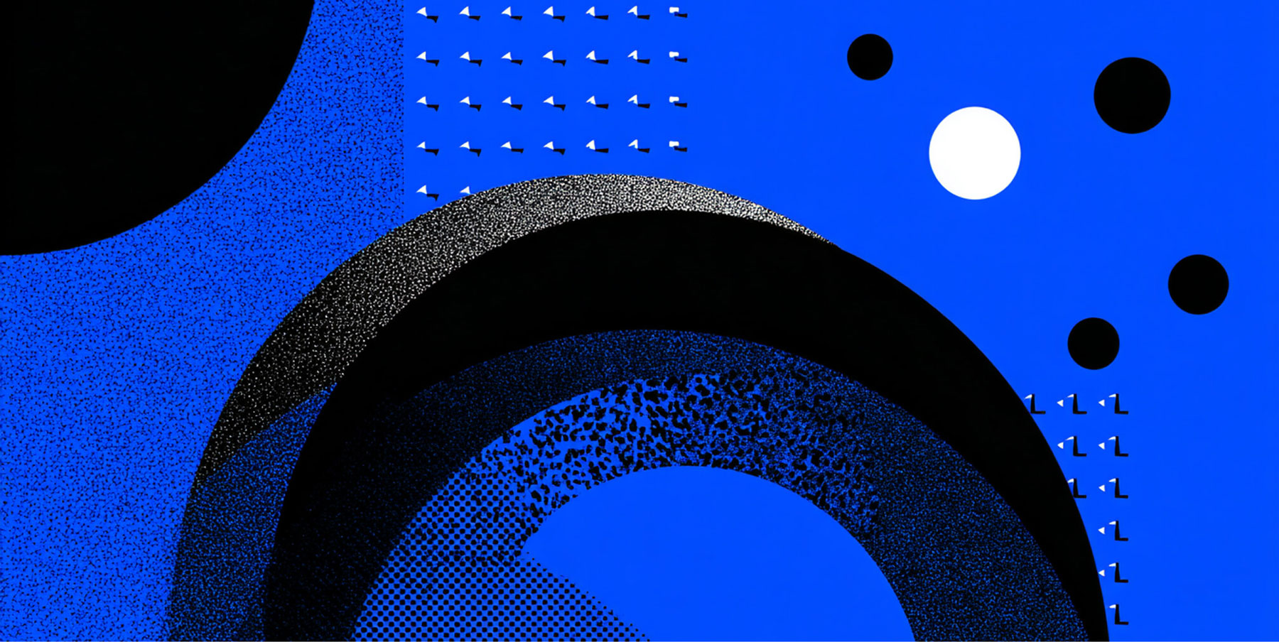 Abstract composition of black circles and arcs on a blue background, representing scalability, structure, and digital systems.