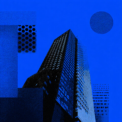Geometric image of a skyscraper rising against a blue background, representing growth, infrastructure, and scale.