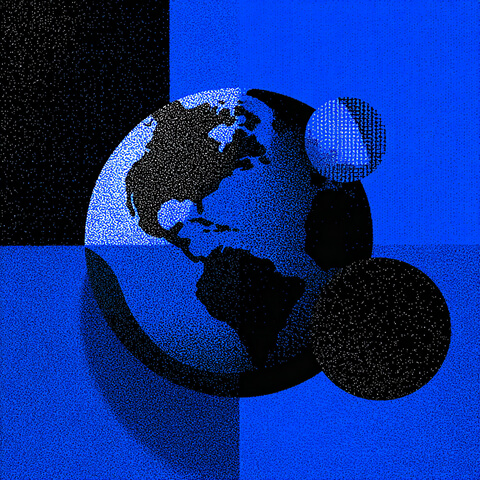 Stylized illustration of Earth with orbiting spheres, symbolizing global scale, connectivity, and digital expansion.