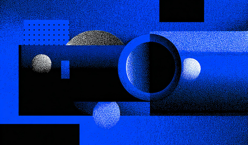 Abstract geometric shapes and spheres arranged in layered blue and black patterns, symbolizing digital complexity and data architecture.