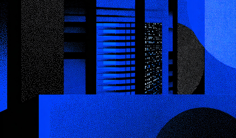Stylized abstract cityscape in blue and black tones, symbolizing digital networks, systems, and urban structure.