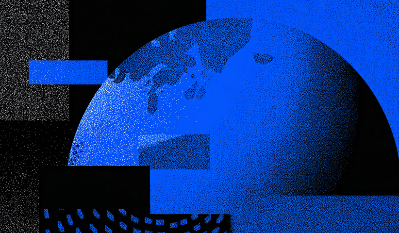 Stylized half-globe illustration surrounded by geometric patterns, representing global reach and information flow.