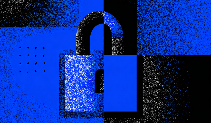Abstract illustration of an unlocked padlock in blue and black, symbolizing accessibility, freedom, and system openness.