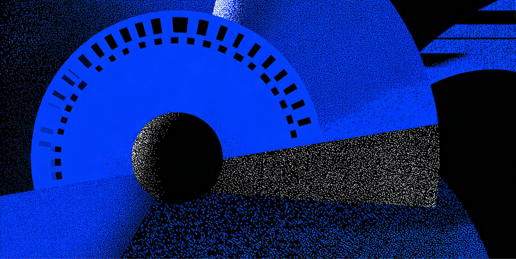 Geometric speedometer-like design in black and blue tones, representing measurement, progress, and performance tracking.