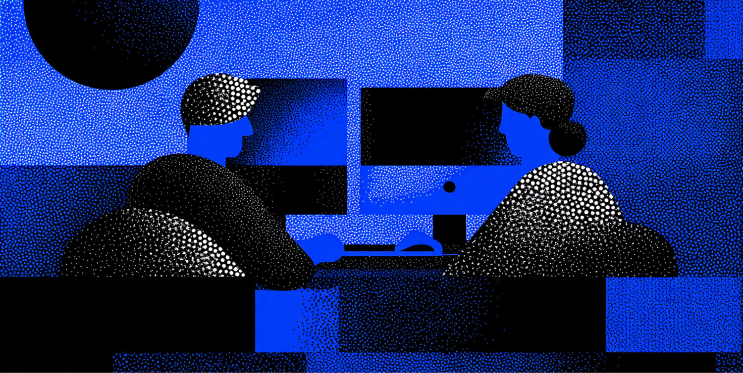 Two stylized people sitting at desks with computer monitors, symbolizing collaboration, teamwork, and productivity in digital environments.