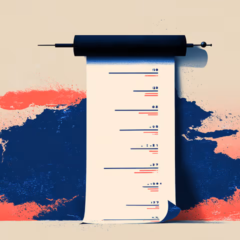 Illustration of a long scroll with numeric marks unrolling against a red and blue abstract background, symbolizing tracking, progress, or project budgeting.