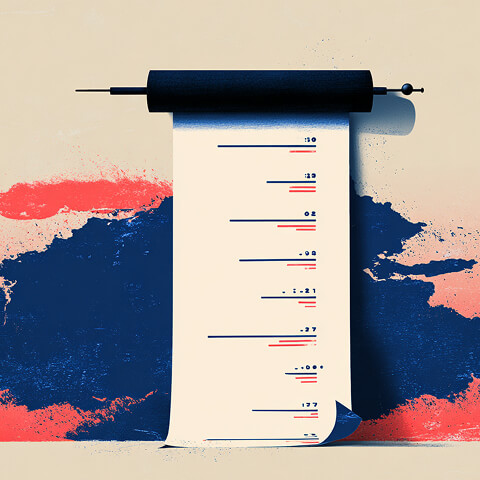 Illustration of a long scroll with numeric marks unrolling against a red and blue abstract background, symbolizing tracking, progress, or project budgeting.