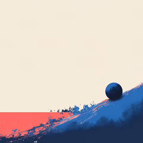 A blue sphere rests on a slope painted in red and blue, representing mounting pressure, imbalance, or challenges rolling out of control.