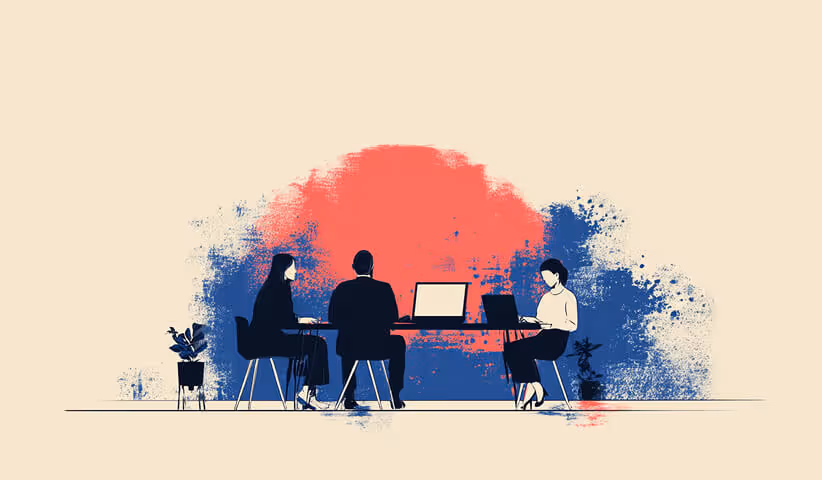 Three silhouetted people sitting around a table with laptops, discussing work against a red and blue background, symbolizing teamwork and negotiation.