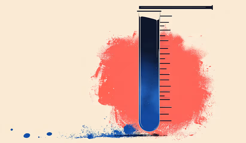 A test tube filled with blue liquid set against a red paint splash, symbolizing experimentation, measurement, or analysis.