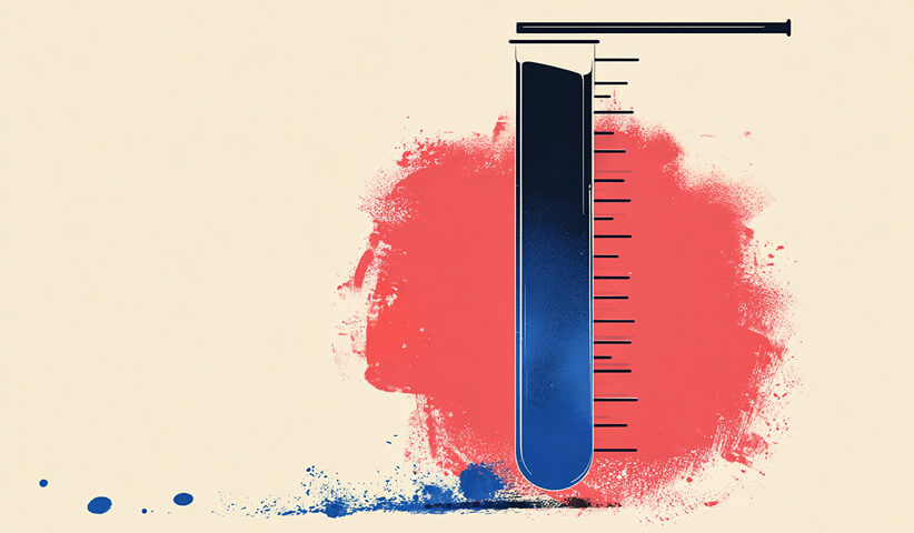 A test tube filled with blue liquid set against a red paint splash, symbolizing experimentation, measurement, or analysis.