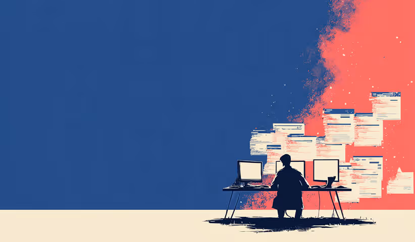 A person sitting at a desk with two monitors surrounded by documents, symbolizing multitasking, project overload, or managing expanding scope.