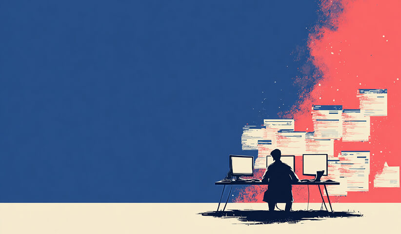 A person sitting at a desk with two monitors surrounded by documents, symbolizing multitasking, project overload, or managing expanding scope.