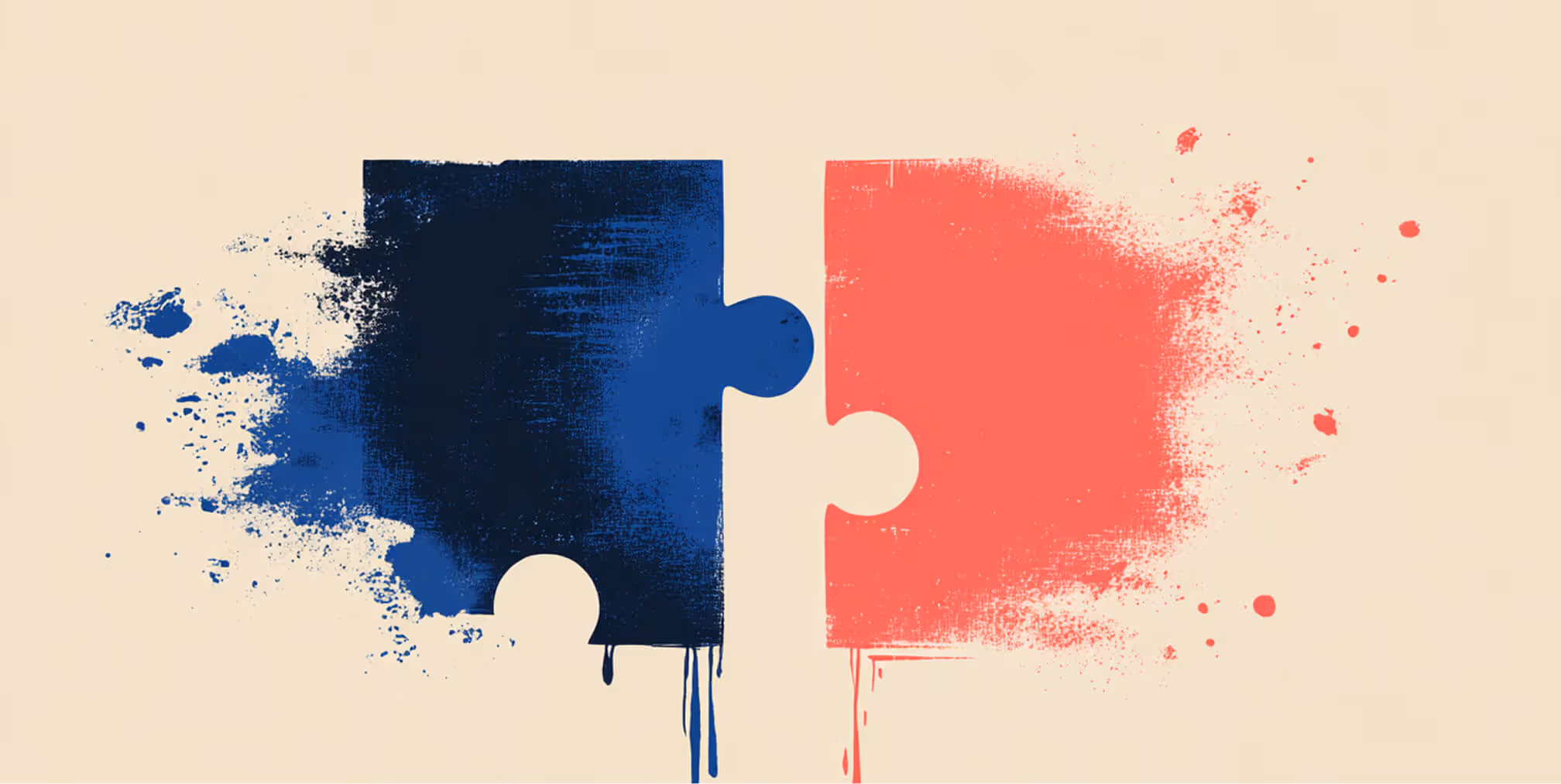 Two puzzle pieces, one blue and one red, almost connecting against a beige background, representing collaboration, integration, or problem-solving.