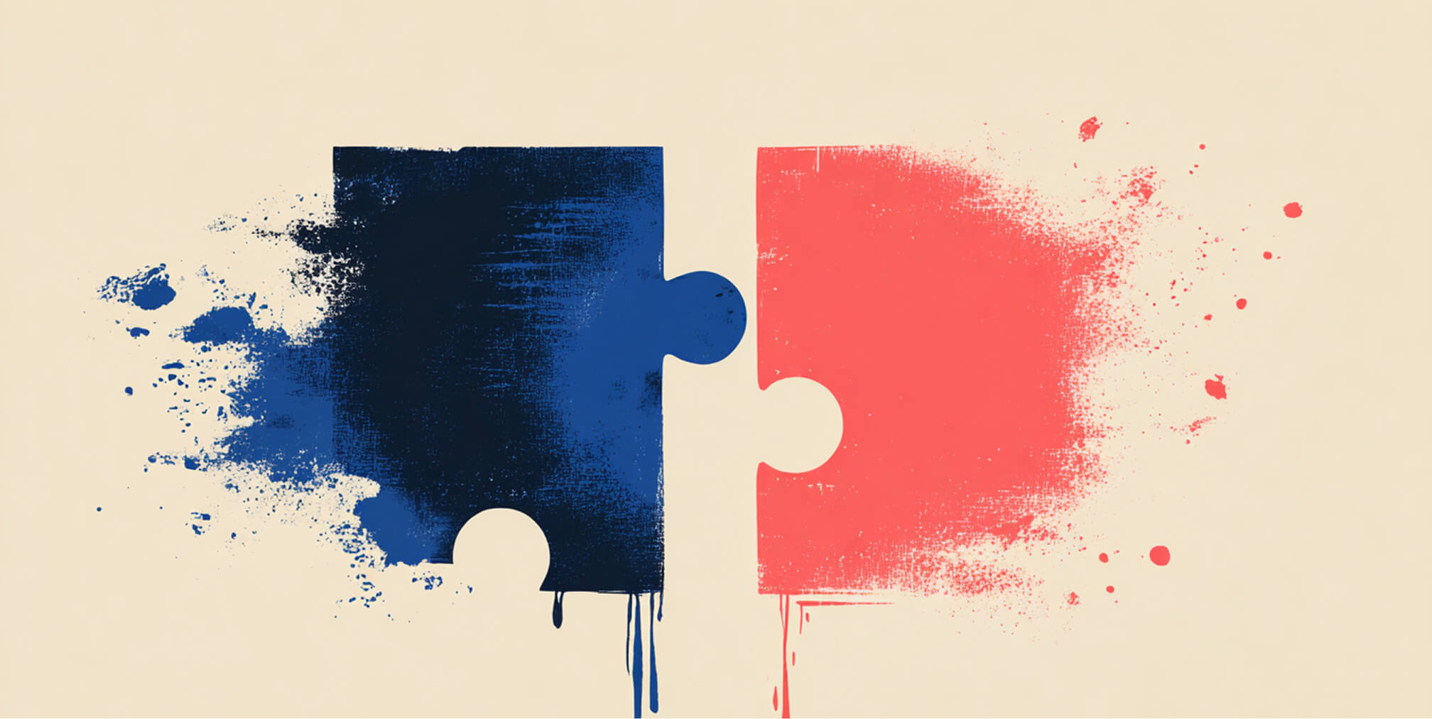 Two puzzle pieces, one blue and one red, almost connecting against a beige background, representing collaboration, integration, or problem-solving.