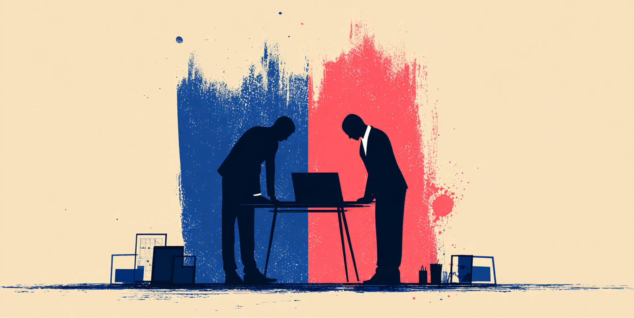 Two silhouetted professionals leaning over a table with a laptop, positioned before red and blue paint strokes, symbolizing confrontation, strategy, or resolution.