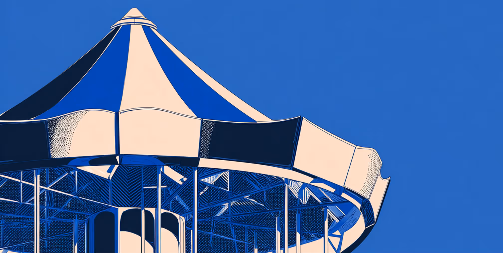 Illustration of a striped blue and beige carousel canopy set against a clear sky, symbolizing motion, creativity, and the cyclical nature of marketing campaigns.