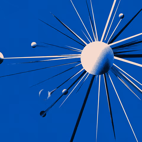 Abstract depiction of a large white sphere with radiating blue and beige lines and smaller orbiting spheres, representing expansion, ideas, and connection.