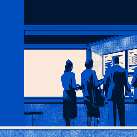 Stylized illustration of business professionals viewing screens or digital displays in a blue-toned environment, representing collaboration and campaign analysis.