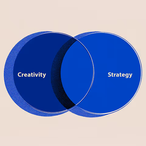Minimalist Venn diagram showing overlapping blue circles labeled “Creativity” and “Strategy,” symbolizing the harmony between imagination and planning in branding.