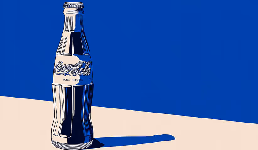 Simplified illustration of a classic glass bottle with clean blue and beige tones, symbolizing timeless branding and product identity.