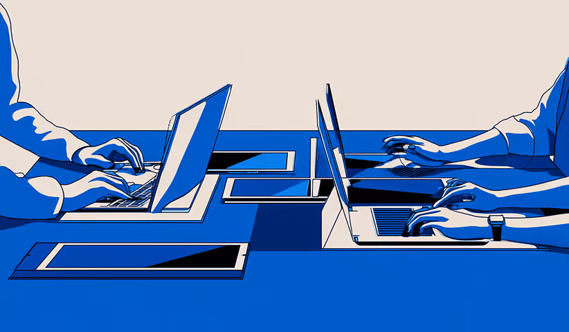 Illustration of two people working on laptops surrounded by tablets and devices, symbolizing digital collaboration and campaign execution.