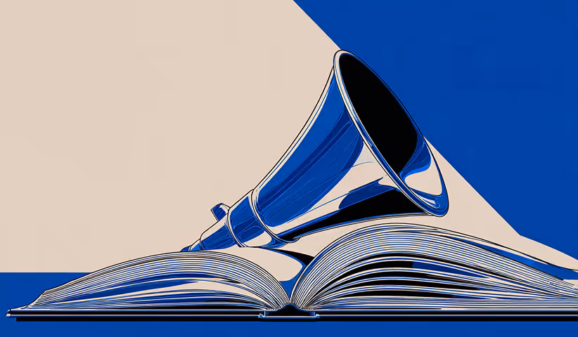 A megaphone emerging from an open book, symbolizing storytelling, communication, and amplifying brand messages.