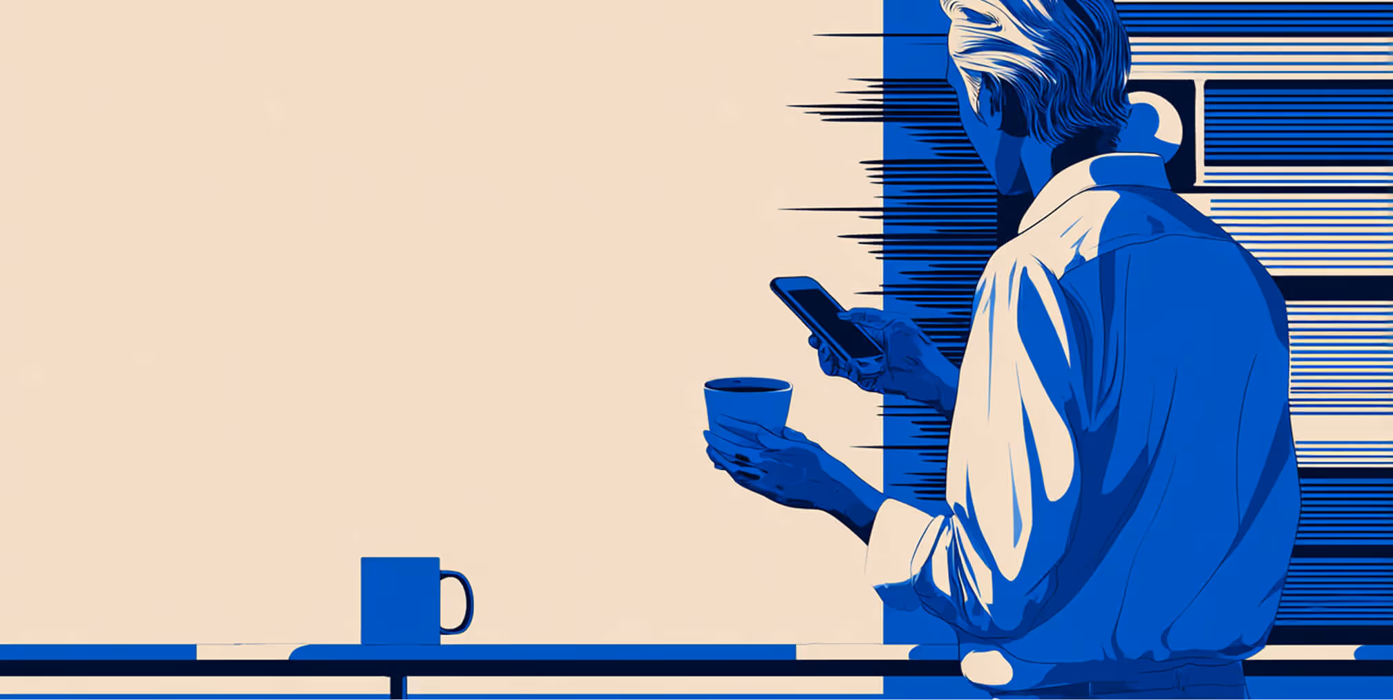 Stylized illustration of a person holding a coffee cup and checking a smartphone, representing modern work habits and mobile marketing engagement.