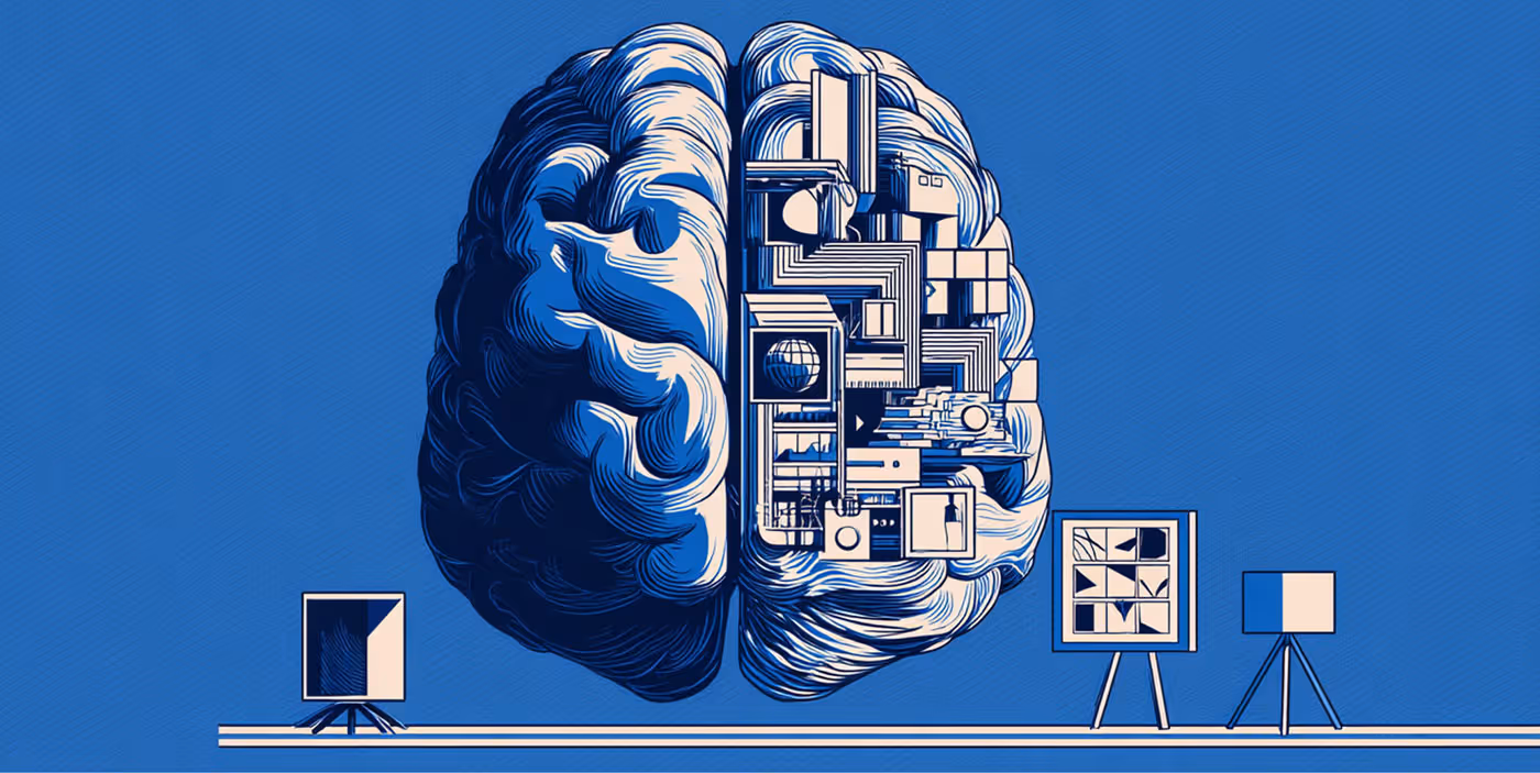 Abstract depiction of a human brain split into creative and analytical halves, with one side filled with structured shapes and design elements, symbolizing the fusion of creativity and strategy in successful brand campaigns.