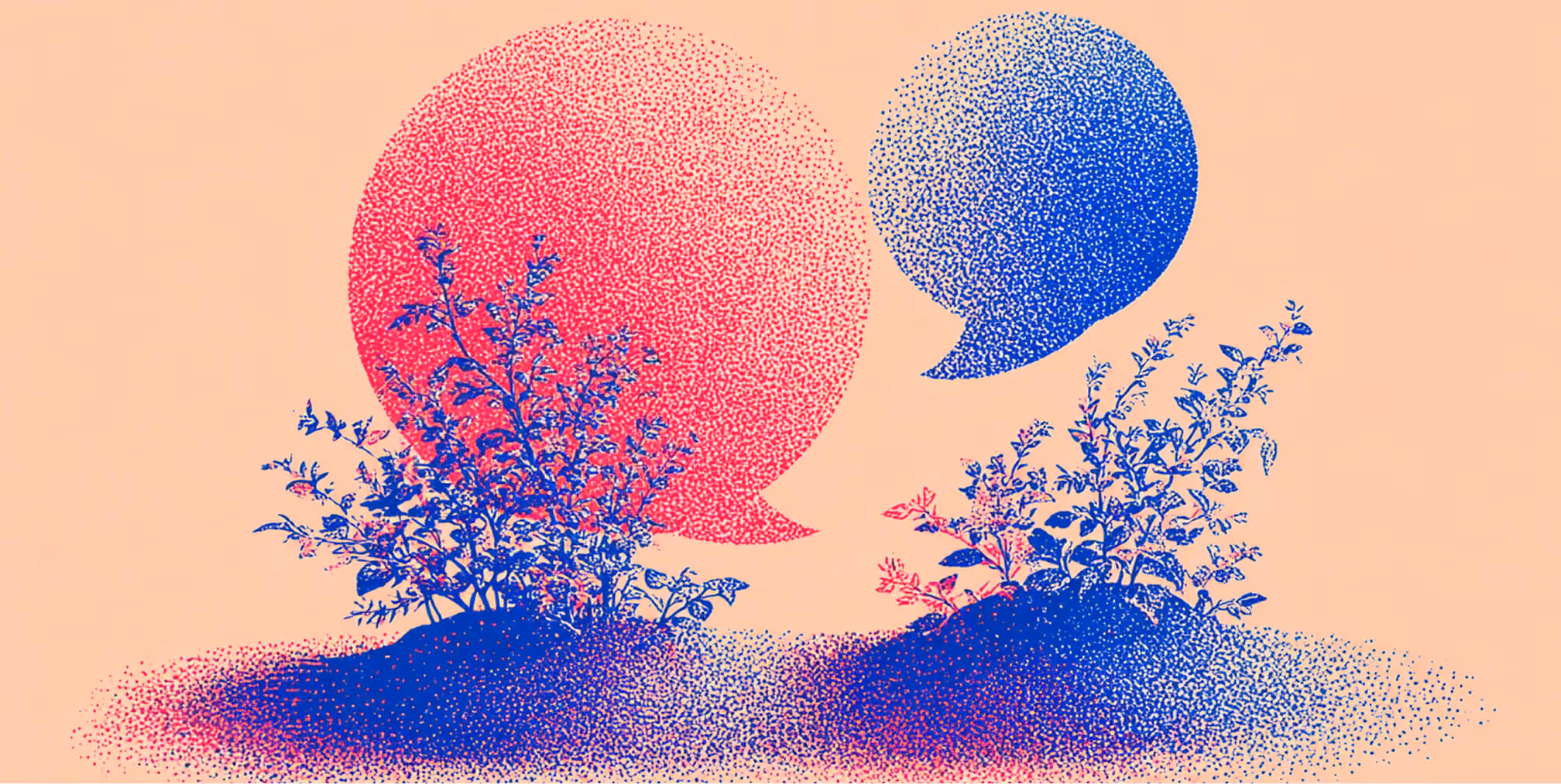 Illustration of two large overlapping speech bubbles, one red and one blue, emerging from growing plants — symbolizing organic conversation and engagement.