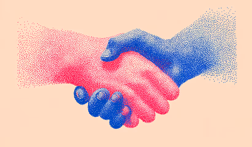Two stylized hands, one red and one blue, shaking in agreement, representing trust and connection through authentic interaction.