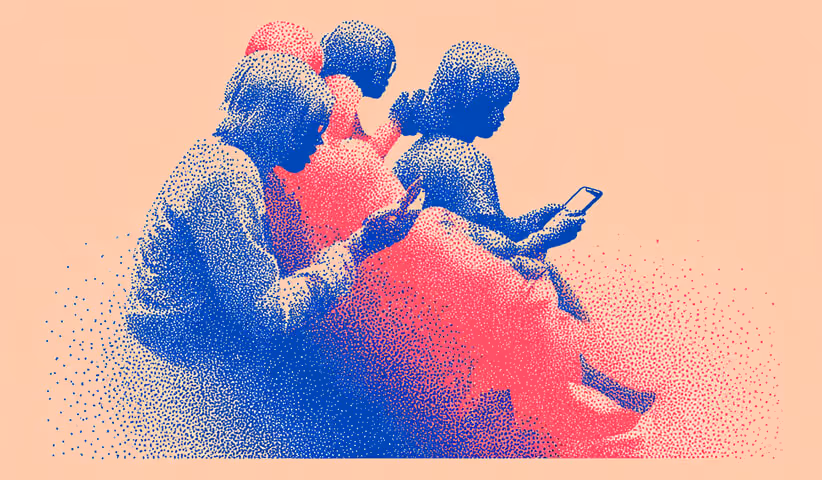 Illustration of people seated and using mobile phones, representing digital connection and social engagement across devices.