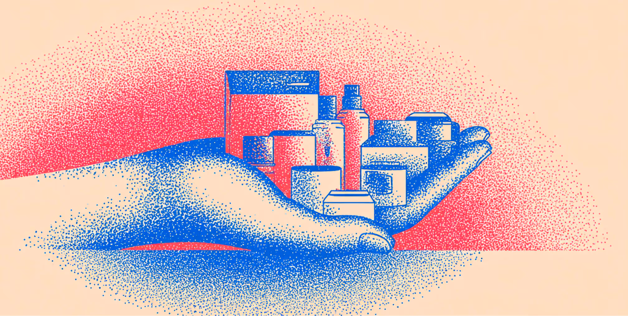 A hand holding an assortment of product containers and boxes in red and blue tones, symbolizing brand presence built through organic promotion.