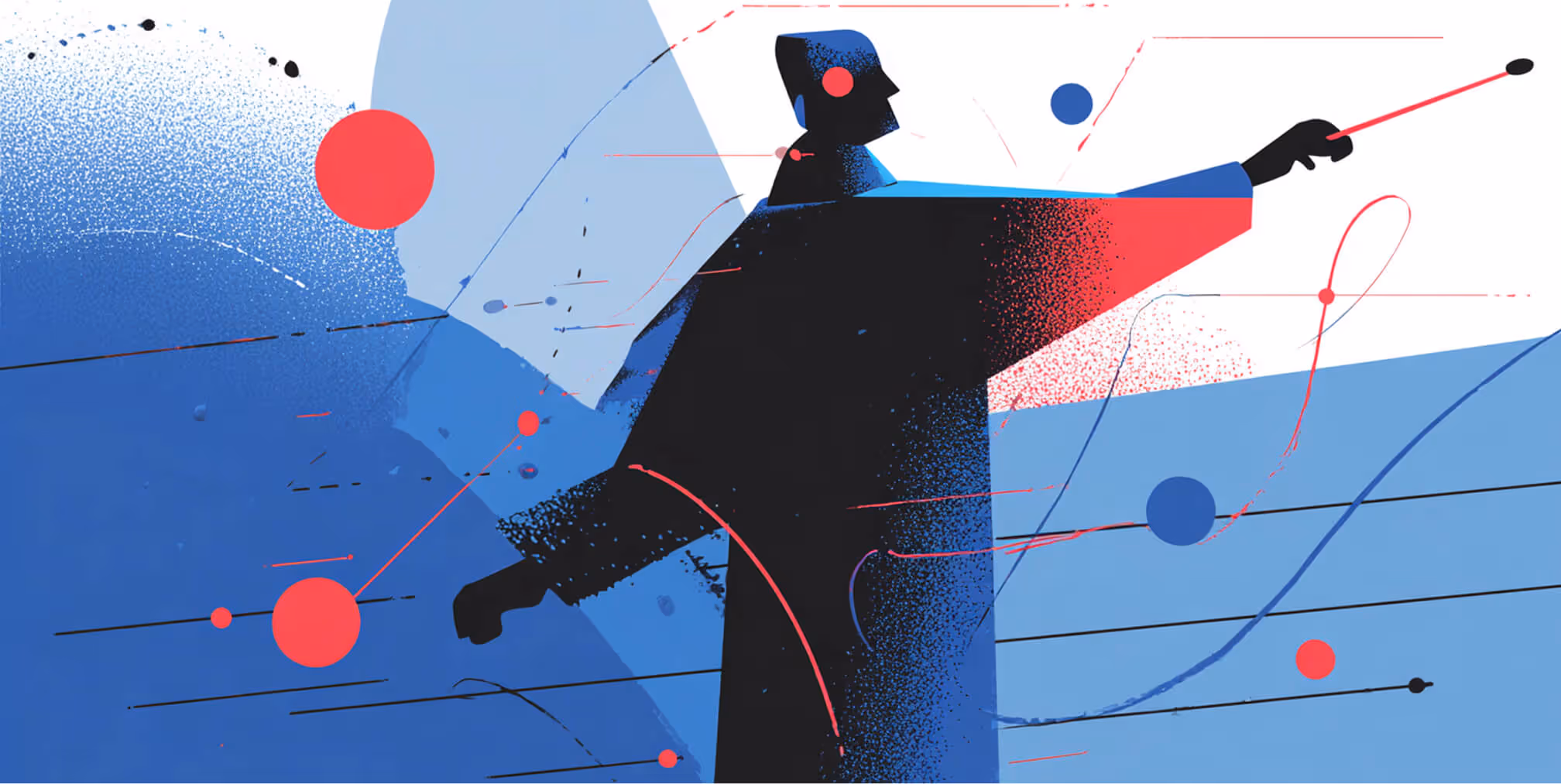 Abstract illustration of a conductor orchestrating dynamic red and blue lines and circles, symbolizing campaign coordination and strategic marketing control.