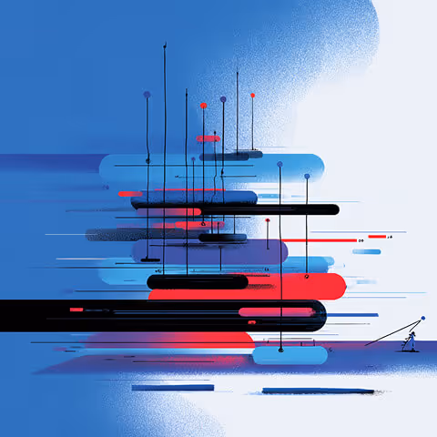 Conceptual depiction of layered bars and connecting lines, with a small figure pulling a lever, symbolizing scalable ad testing and data-driven refinement.