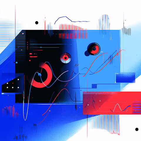 Abstract visualization of data panels, charts, and waveforms in red and blue, symbolizing analytics, ad tracking, and performance optimization.