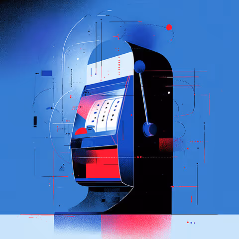 Illustration of a slot machine in red, blue, and black tones, representing the randomness of traditional advertising versus data-driven precision.