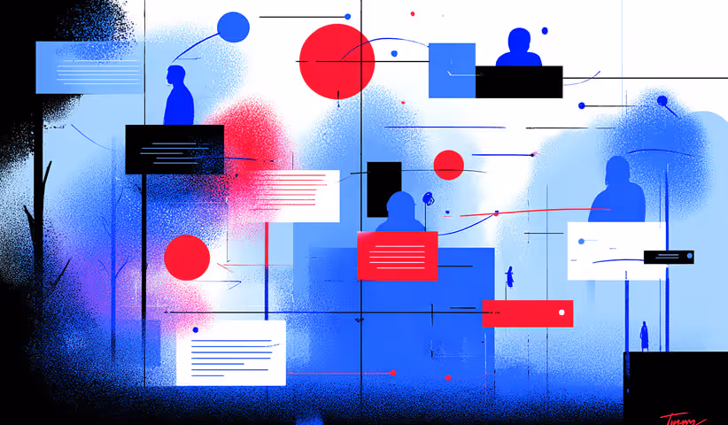 Abstract illustration of connected silhouettes, speech bubbles, and red-blue communication lines, representing engagement networks and social ad interactions.
