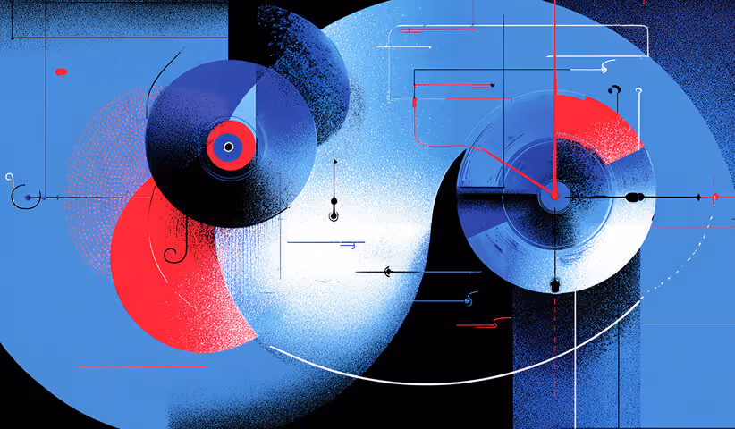 Stylized abstract composition of circular forms resembling vinyl records or spinning dials, symbolizing campaign rhythm and creative balance.