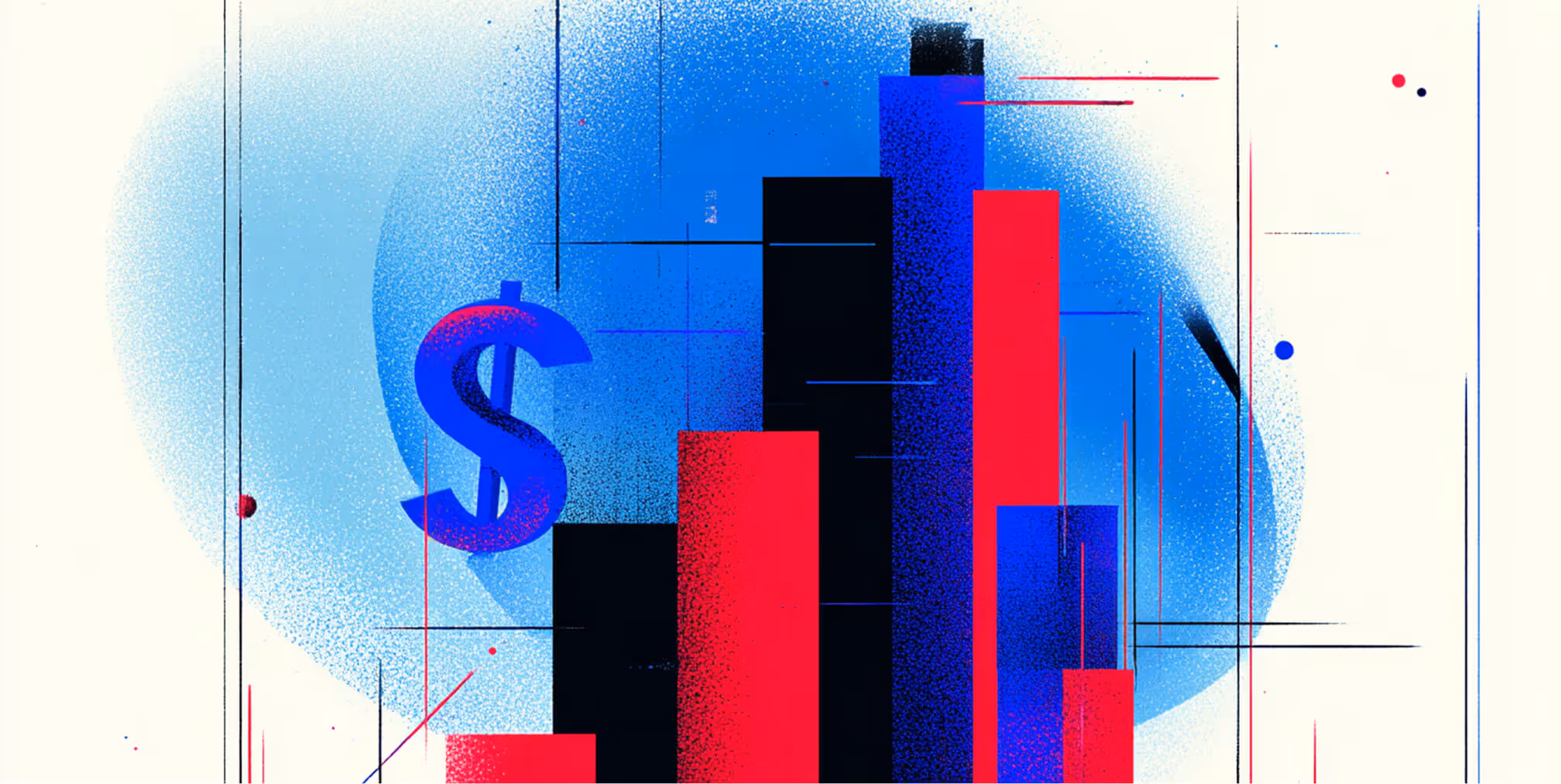 Illustration of a red and blue bar graph with a dollar sign, representing ad spend, ROI measurement, and marketing performance growth.