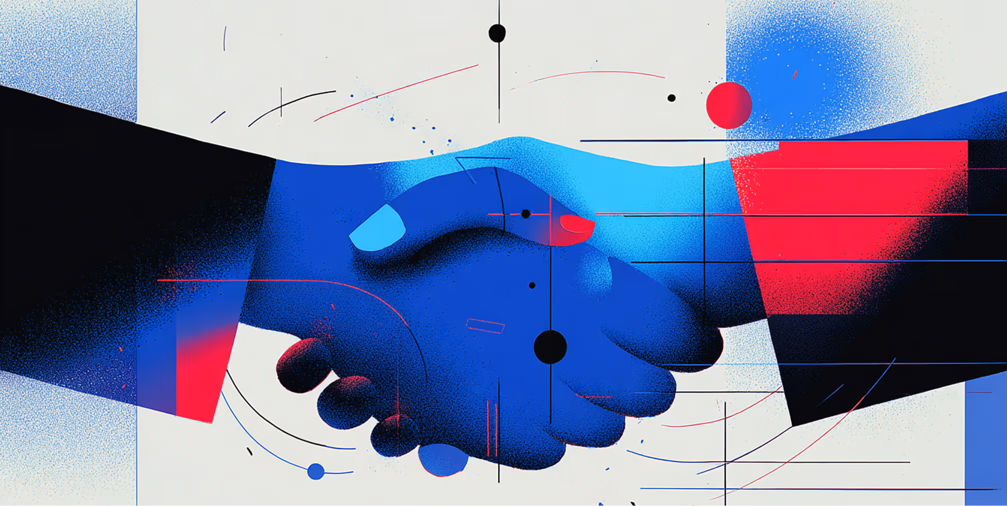Stylized handshake in red and blue tones, symbolizing partnership, trust, and collaboration between agencies and clients.