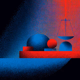 Abstract composition of geometric shapes and a scale, representing equilibrium, strategic balance, and thoughtful brand structure.