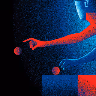 Abstract figure extending a red and blue arm to touch floating spheres, representing balance, precision, and creative decision-making.