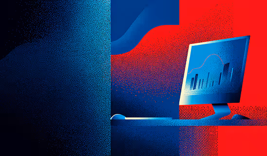 Illustration of a computer monitor glowing in blue and red hues, displaying charts and analytics, symbolizing data-driven creativity.