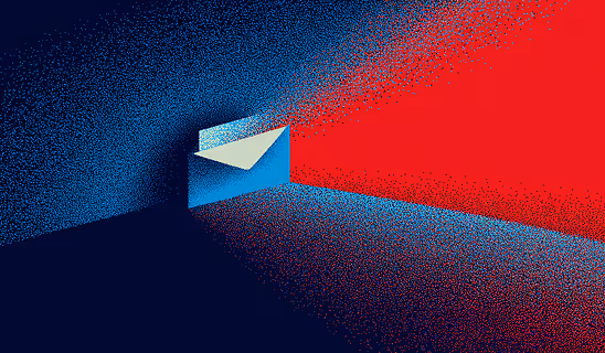 Envelope emitting a beam of red and blue light, symbolizing communication, outreach, and transparent messaging.
