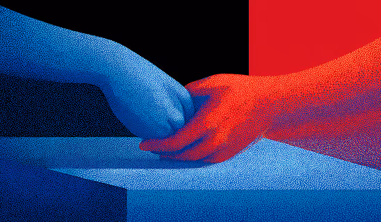 Two hands, one blue and one red, reaching and clasping gently, symbolizing trust, collaboration, and partnership.