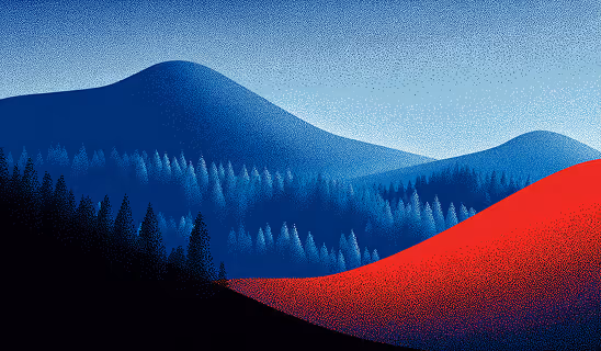 Stylized landscape of rolling blue and red hills with silhouetted trees, symbolizing growth, creativity, and depth of vision.